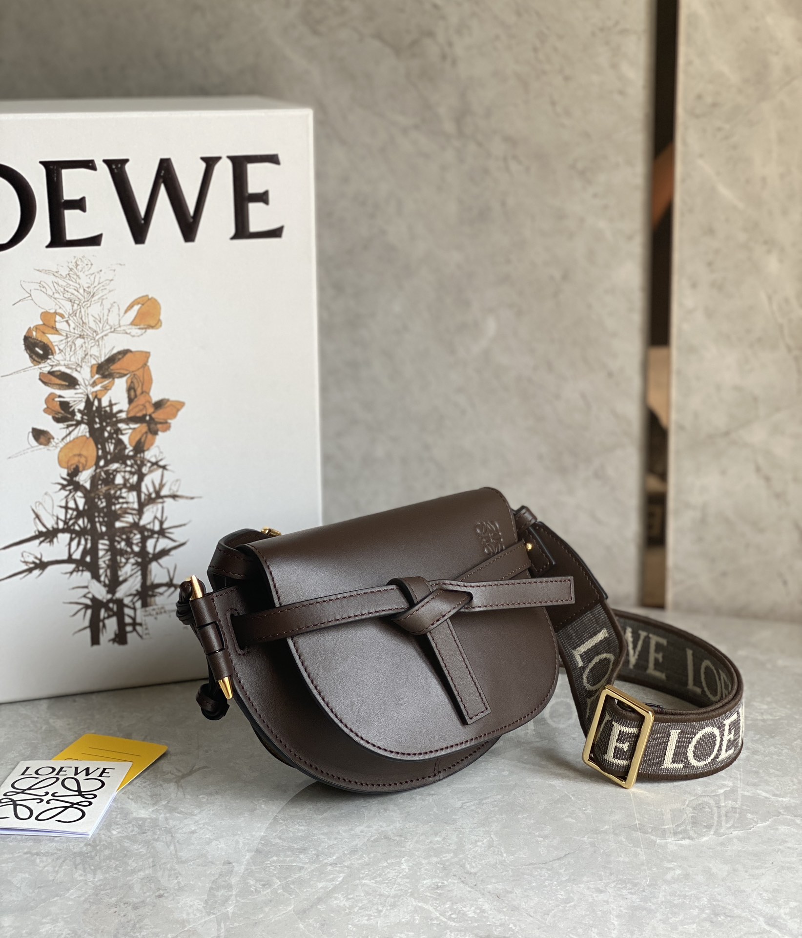 Loewe Mini Gate Dual Bag in Soft Calfskin and Jacquard Dark Chocolate